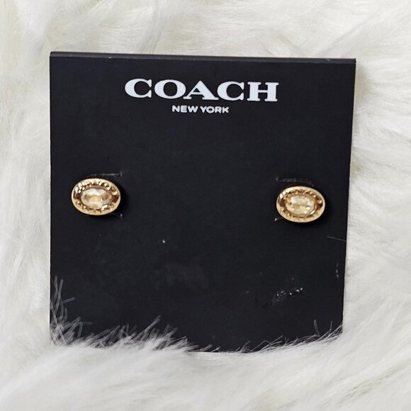 Coach Gold Tone and Oval Crystal Stud Earrings - Picture 1 of 5